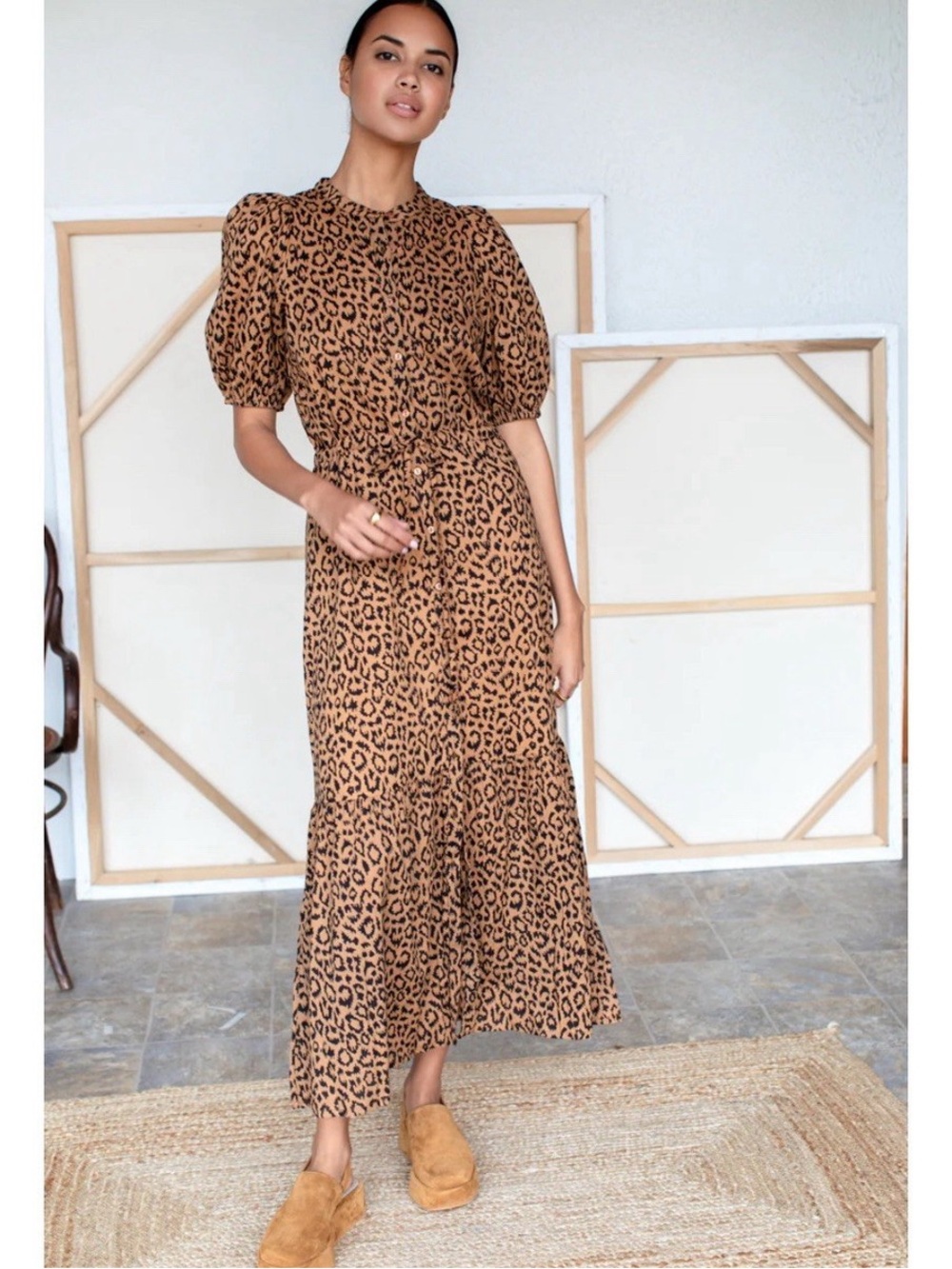 Emerson Fry Leopard-Print Puff-Sleeve Maxi Dress - Tan & Black